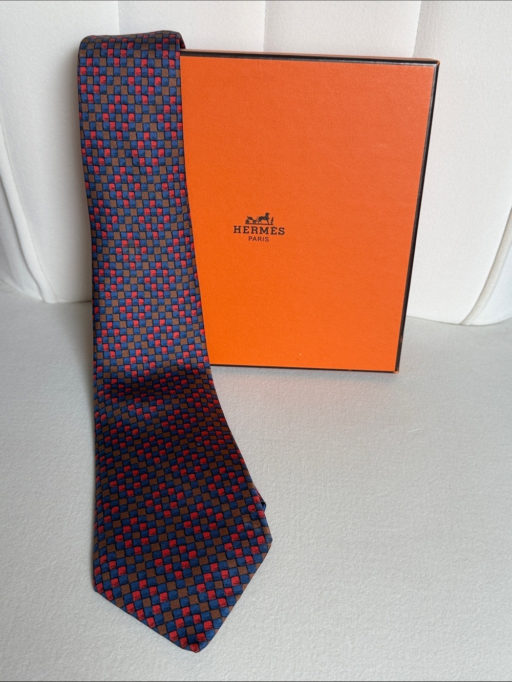 Hermès Paris Silk Tie Blue Red Geometric Check Pattern Luxury Made in France Box